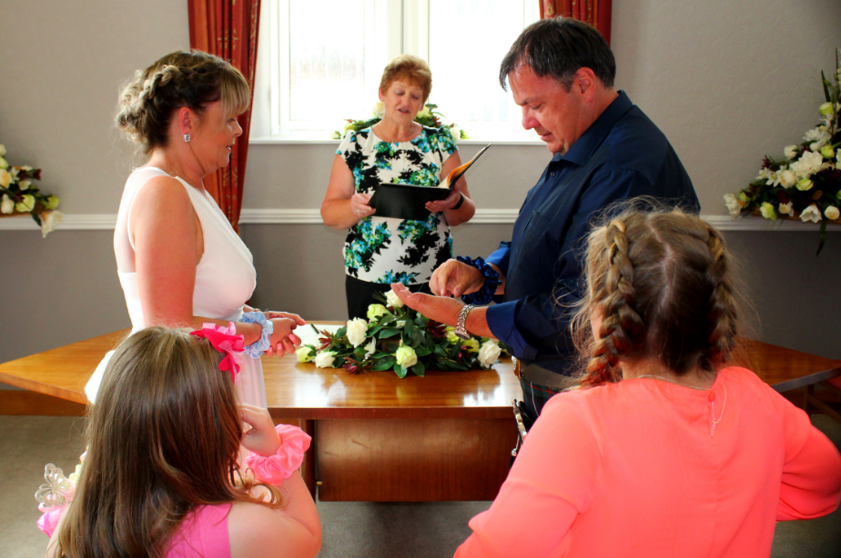 Exchanging rings with Darby and Ellie giving us the rings.