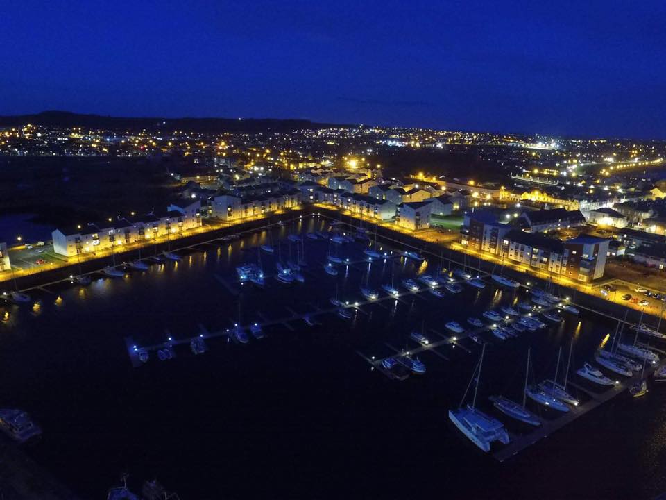 Drone picture of Clyde Marina at night.